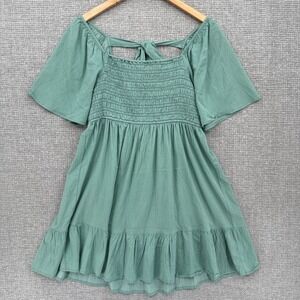 JODIFL Smocked Dress Sz M Short Sleeve Ruffle Hem Green Babydoll Y2K Milkmaid 90